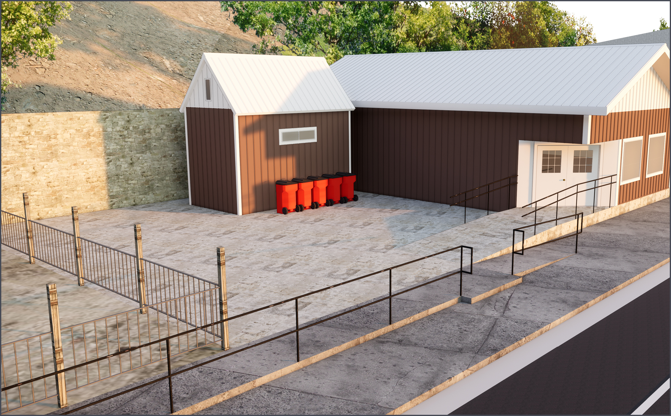 sidewalks with different levels and metal railings in front of a building